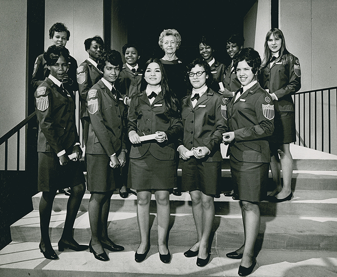 Archival image of Ruth Mott with a group of Community Service Officers, 1967