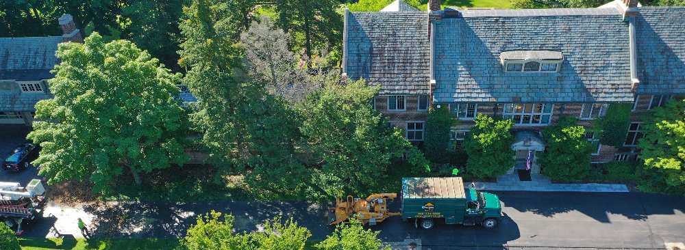 Drone image of Applewood window wells under construction.