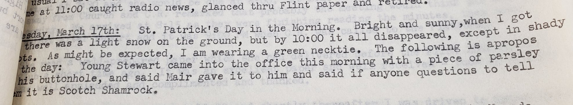 An image of a typewritten excerpt from C.S. Mott's diary about St. Patrick's Day.
