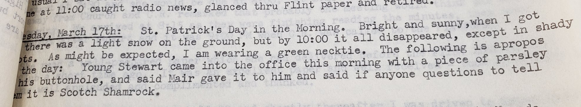 An image of a typewritten excerpt from C.S. Mott's diary about St. Patrick's Day.