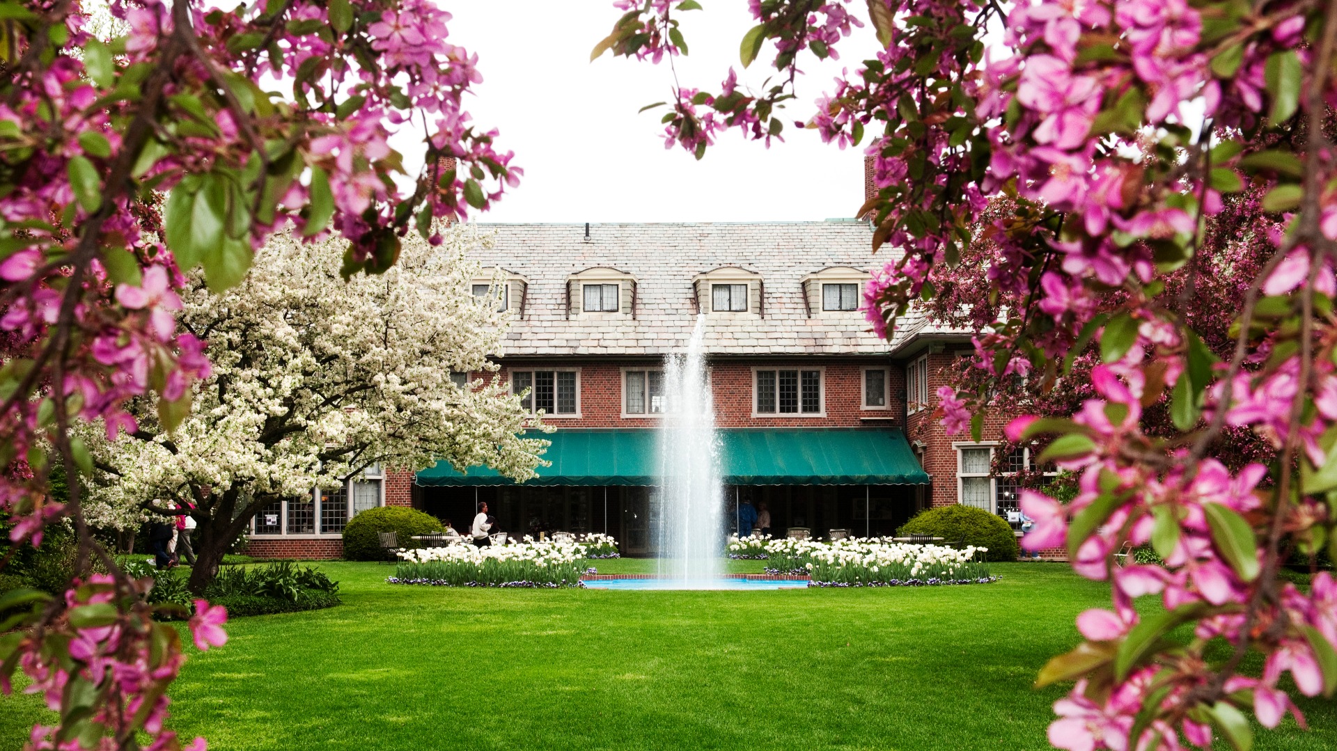 Fountain surrounded by flowers at Applewood Estate.