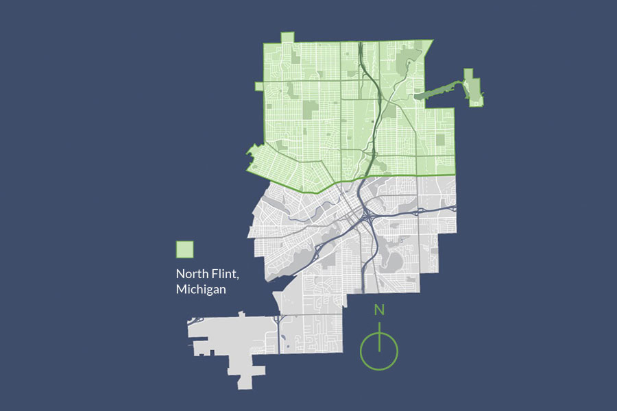 Map highlighting north Flint, Michigan