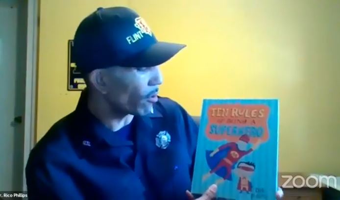 Firefighter reads a story