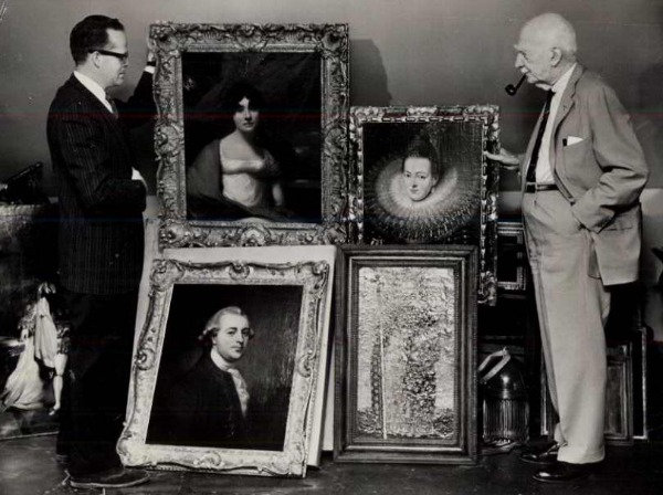 C.S. Mott and another man look at Paintings at Applewood