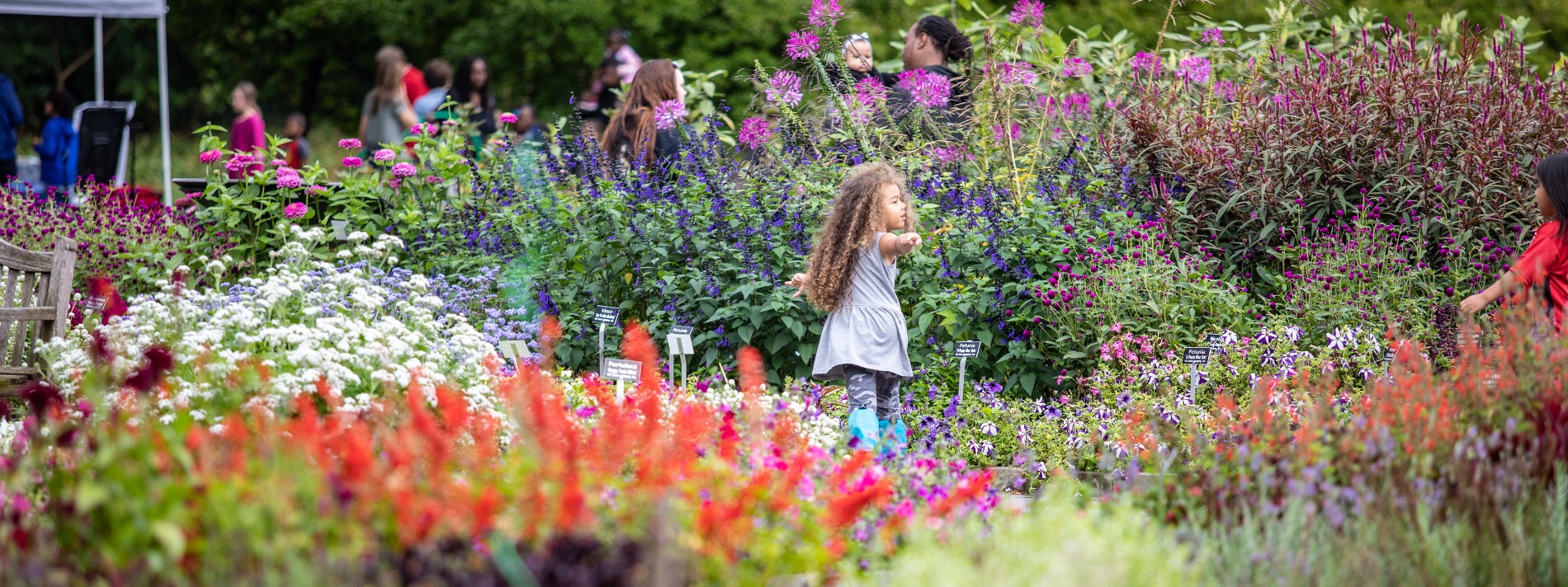A child twirls in the demonstration garden at Applewood