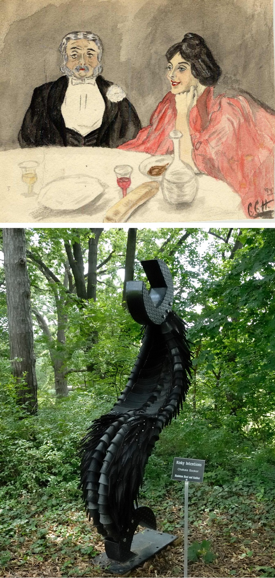 Top: Drawing by Ethel Cuthbert Harding, 1894. (Ruth Mott Foundation Archives) Bottom: Risky Intentions by Chakaia Booker, a piece on loan from the Mott-Warsh Collection, is on display at Applewood in Flint. It was installed in 2007.