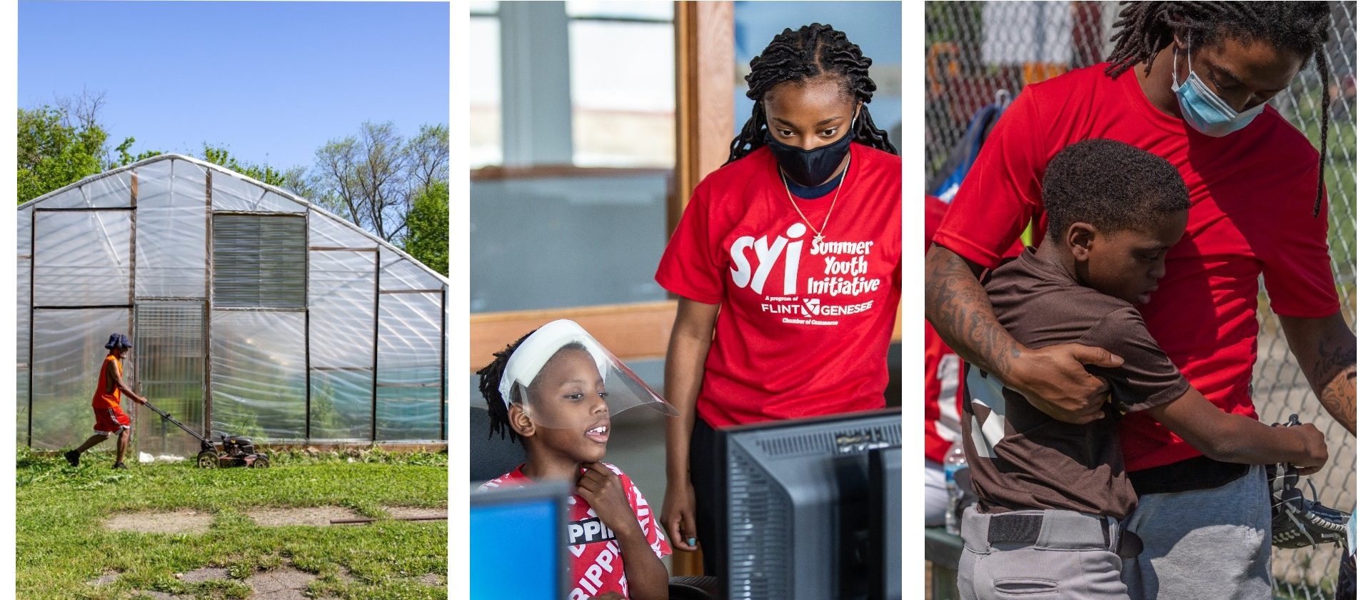 Triptych of three grant-funded programs: a man mowing a lot, a student working with another student at a youth program, and a father hugging his son at a baseball game