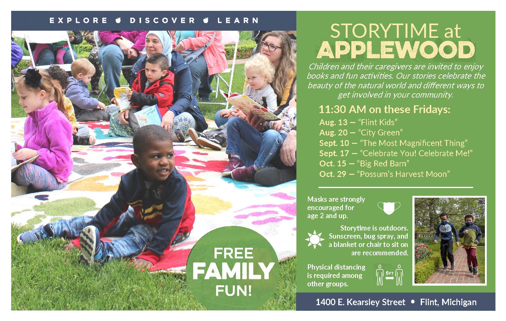 A flier of 2021 Storytime at Applewood dates, which can also be found on our calendar at www.ruthmottfoundation.org/events