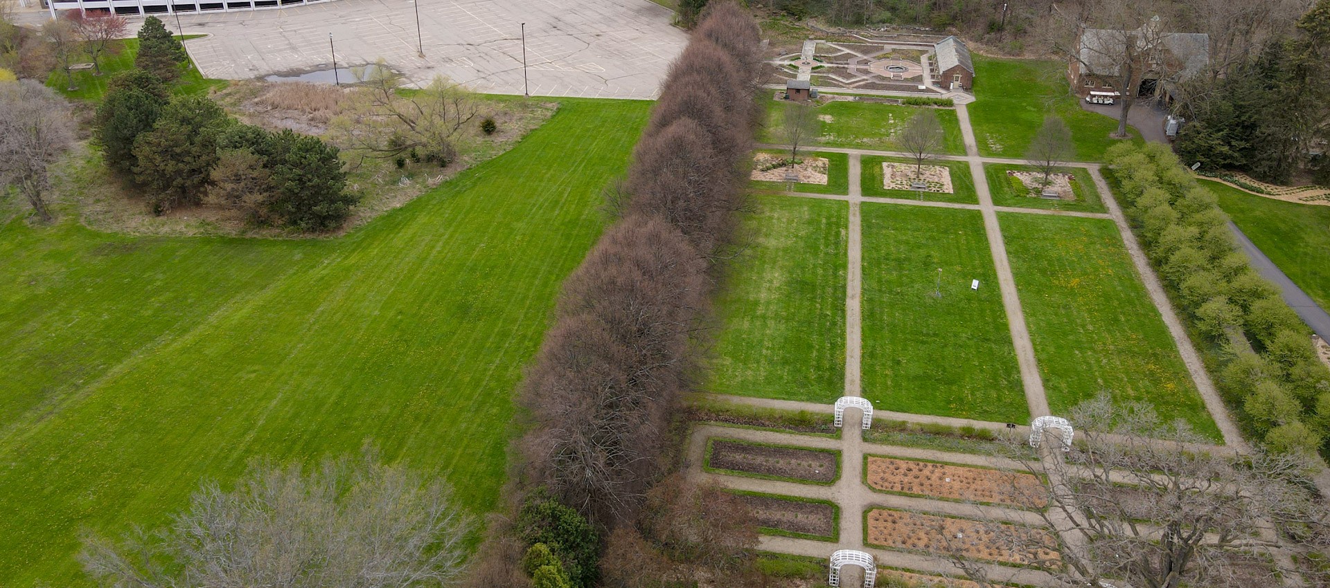 The lower gardens photographed above from a drone