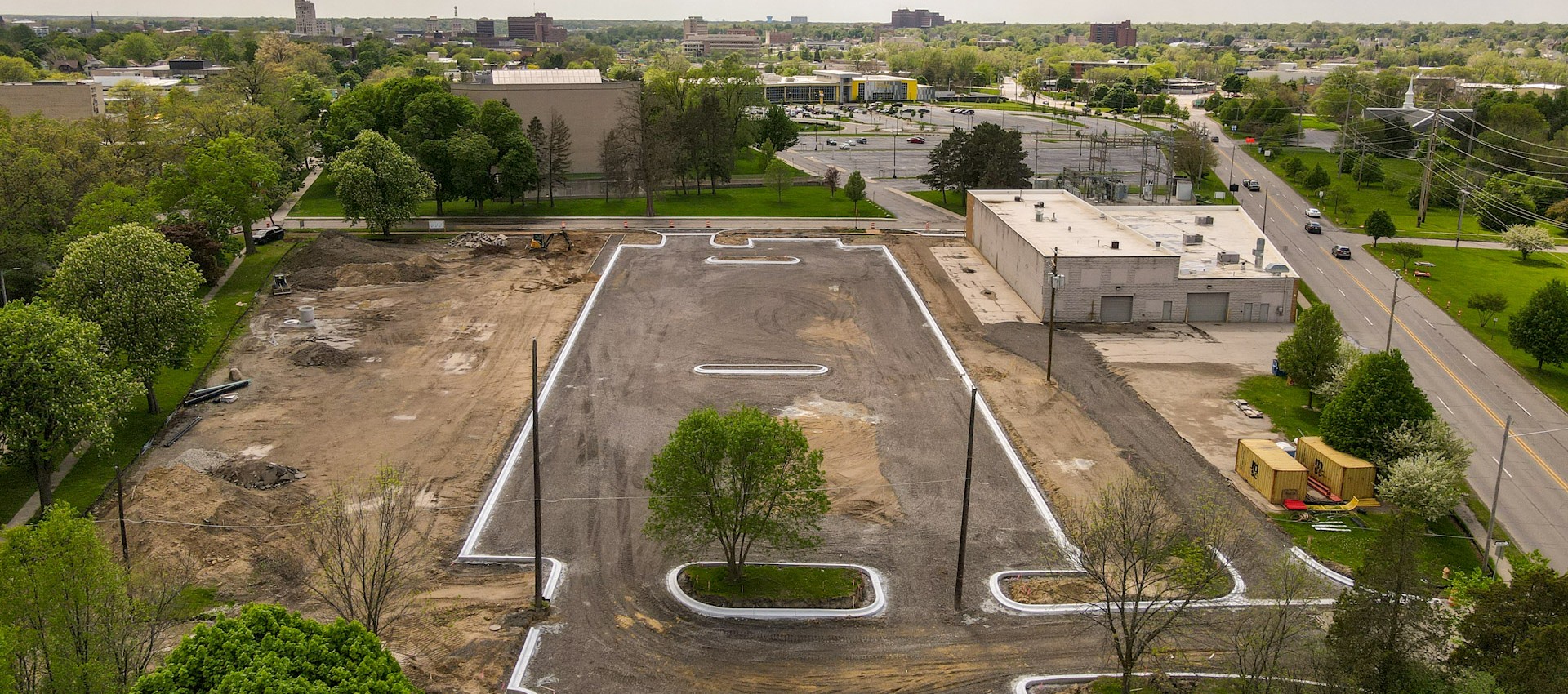 Applewood parking lot from a drone, nearly completed