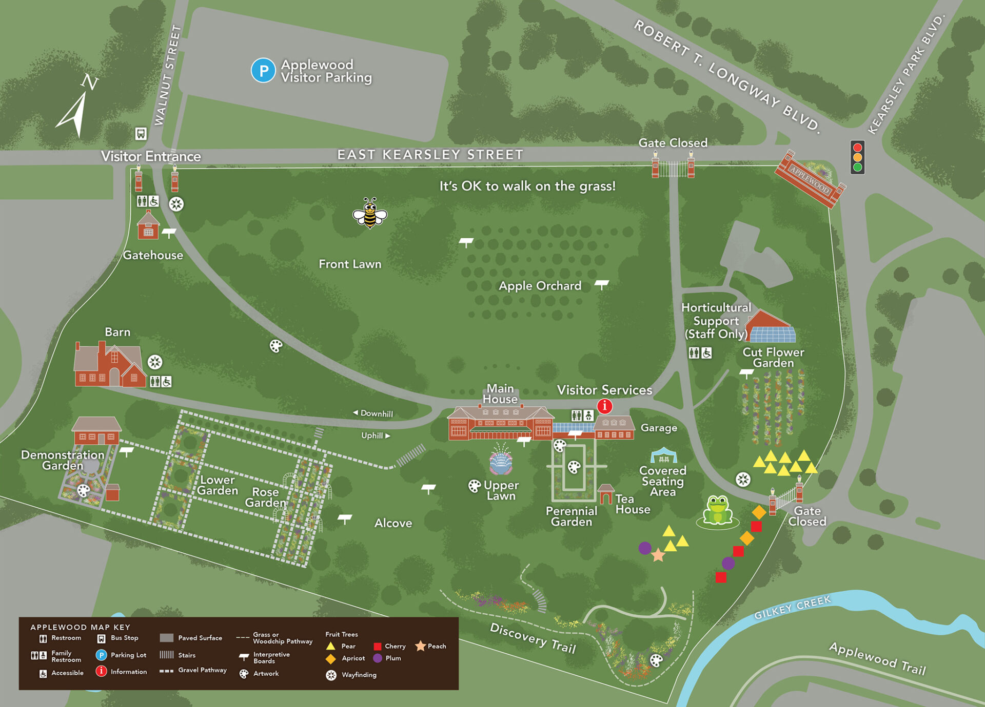 A graphic map of Applewood showing the main house, paths, and the Visitor Parking Lot & Entrance.