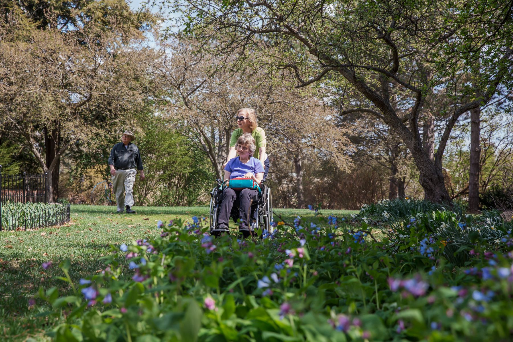 A woman pushes another woman in a wheelchair along a garden path with blooming flowers, while a man walks in the background.