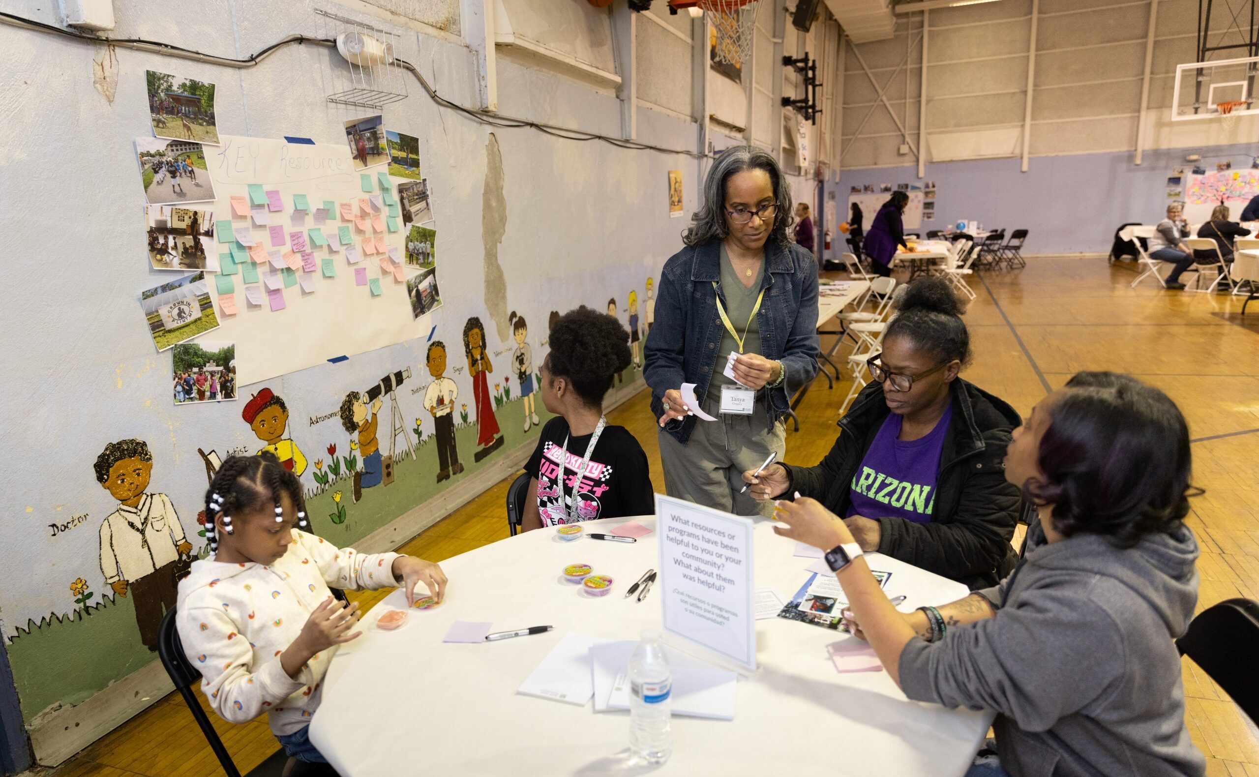 A group of adults and children, supported by the Ruth Mott Foundation, sit around a table in a gymnasium, engaged in an activity with papers and pens. A mural and post-it notes decorate the wall behind them.