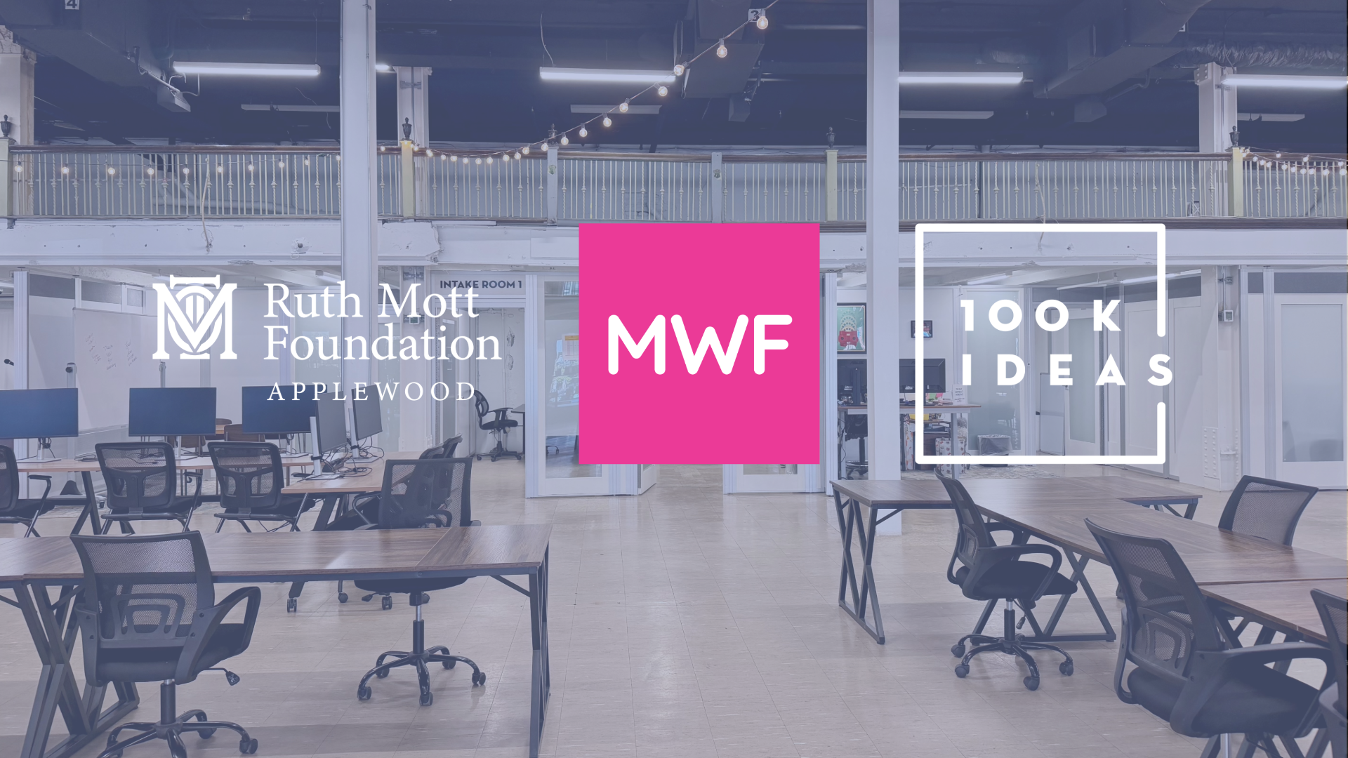 An open office space with empty desks and chairs, featuring the logos of Ruth Mott Foundation, MWF, and 100K Ideas overlaid in the foreground.