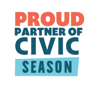 Text graphic with the words: "Proud partner of Civic Season" in bold, colorful letters on a white background.